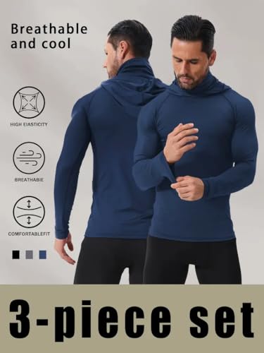 3-Piece Athletic Hooded Shirts Set, Long Sleeve Performance Tops with Built-in Face Cover, Black Navy Gray3