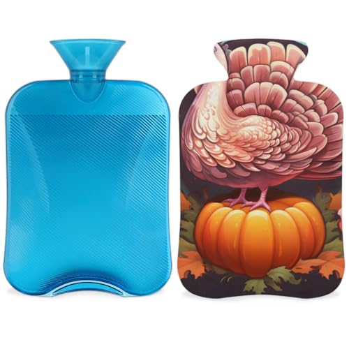 Hot Water Bottle with Soft Cover,2L Cute Pumpkin Hot Water Bag for Hot and Cold Compress, Hand Feet Warmer, Food Turkey Rubber Hot or Cold Water Bottle Halloween Christmas Decorations