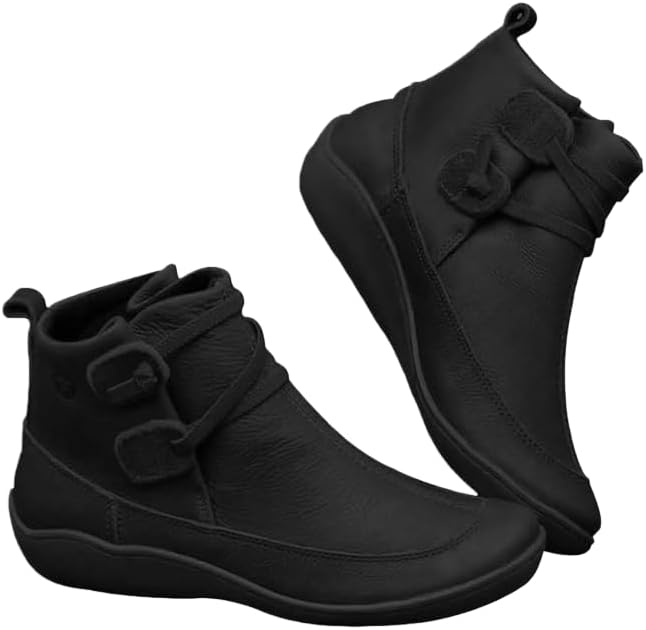 Fall Ankle Boots for Women No Heel, Arch Support Boot Fashion Lace Up Side Zipper Vintage Ankle Booties, Comfortable Slip on Flat Low Heel Boots