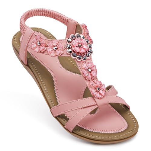 Image of SHIBEVER Dressy Flat Women Sandals: Comfortable Arch Support Womens Sandal | Summer Dress Flowers Boho Back Strap Open Toe Women's Sandals - All Day Comfort Walking Casual Wedding Woman Sandal Shoes