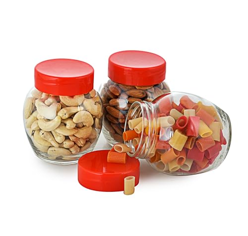 Image of Machak Glass Matka Containers for Kitchen Storage, Unbreakable Airtight, 300ml (Red, 3 Pieces)