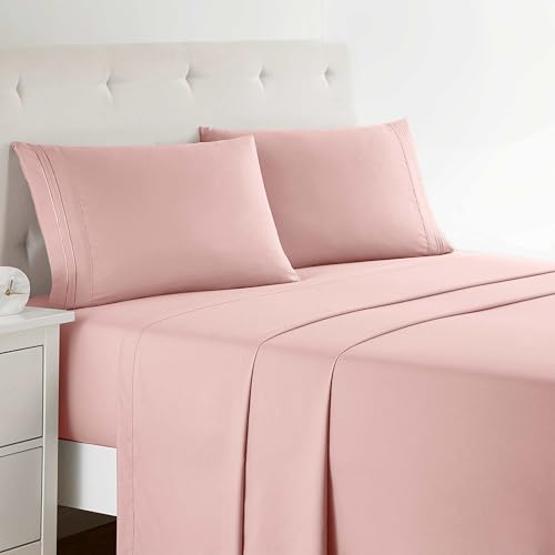 Clara Clark Full XL Bed Sheet Set - Wrinkle Fade Stain Resistant Deep Pocket Sheets - Luxury Soft Bedding Sheets & Pillowcases Full XL Pink Beige