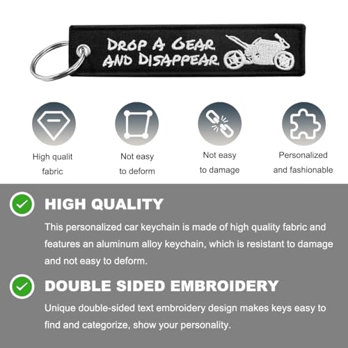 Image of Personalized Keychain, Embroidery Double Sided Key Chain Tag, Customized Car Scooter Key Chain Luggage Tag for Men (DROP A GEAR)