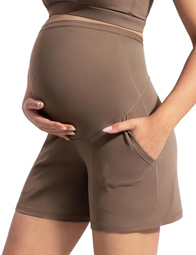 POSHDIVAH Maternity Wide Leg Casual Shorts – 6" Coffee, Medium – Comfortable Everyday Wear for Expecting Moms