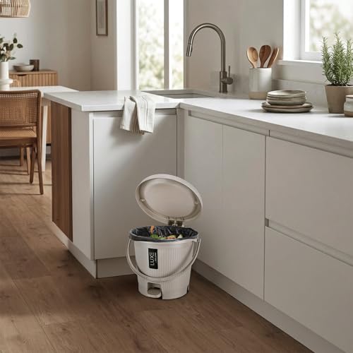 Image of KOLORR Luxe Premium Plastic Pedal Dustbin | Modern Plastic Waste Bin, Trash can with Sleek Design for Home, Kitchen, Office, Bathroom & Washroom - Small, Sand Stone