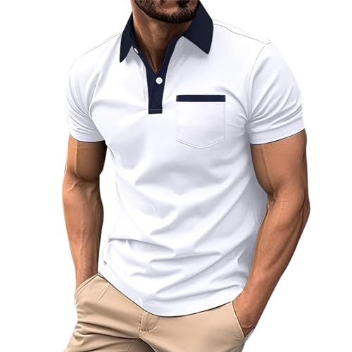 Generisch Polo Impreso Bolsillo con botones de solapa Manga Corta Tops altos Zapatos, Blanco, 3XL
