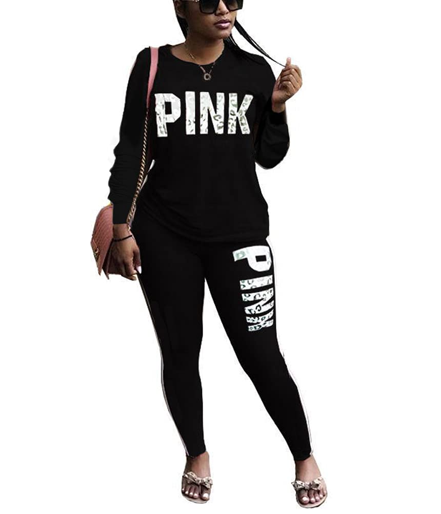 THLAI2 Piece Outfits for Women Letter Print Stripe Patchwork Long Tracksuits