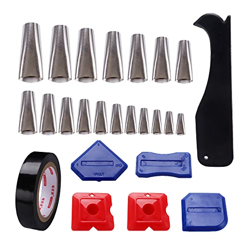 VooGenzek 25 Piezas Kit de Acabador de Calafateo, Herramientas de Calafateo Kit con Boquilla de Sellado de Acero Inoxidable en 18 Tamaños, Raspador y Cinta Negra, para Cocina, Baño, Ventana Cover