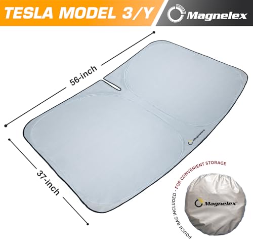 Image of Magnelex Tesla Windshield Sun Shade (Model 3 /Y), Reflective Polyester Blocks Heat & Sun, Foldable Car Window Sun Blocker, Mirror Cut-Out, Fade-Resistant Sunshade, Tesla 3 Accessories