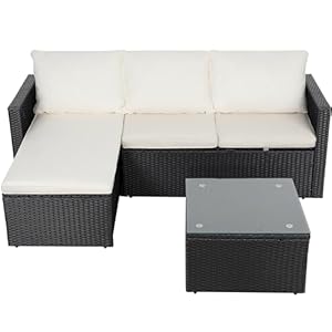 Shintenchi Outdoor Patio Furniture Sets, Small Outdoor Sofa Patio Sectional Sets 3-Piece All Weather Wicker Rattan Patio Seating Sofas with Glass Coffee Table and Cushion (Beige)