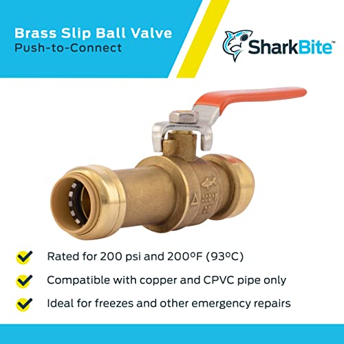 Image of SharkBite 3 /4 Inch Slip Ball Valve, Push to Connect Brass Plumbing Fitting, PEX Pipe, Copper, CPVC, PE-RT, HDPE, 24736LF