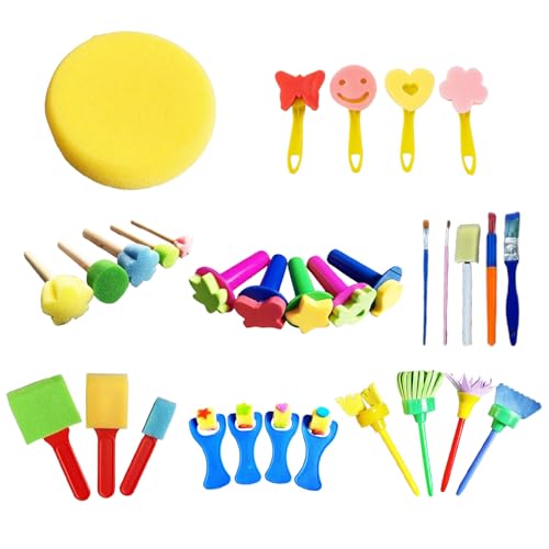 pclapora 31 Pièces Pinceaux Éponge pour Enfants, Pinceaux Peinture Enfant, Éponge Brosses de Peinture Kit, Pinceau Eponge Lot de Enfant pour Outils de Dessin Artisanal, Creative Travaux, Artisanat
