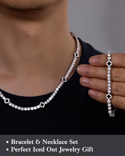 LuxeFlex 4mm Iced Out Four Leaf Tennis Chain,White Gold Plated with 5A Zircon Stones, exquisite Handmade Hip Hop Bling Necklace Perfect Unisex Jewelry Gift3