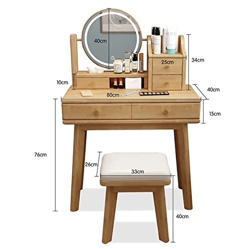 Oak Vanity Desk With Lights And Mirror, 100% Solid Wood Makeup Vanity With Led Lights, Vanity Mirror With Lights And Desk, Storage Shelves And Cushioned Stool, Dresser Desk For Bedroom ( Color : White #TOP6