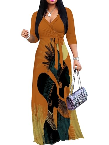 Image of PinkPatty Plus Size Maxi Dresses for Women Casual Flowy Long Dress 3 /4 Sleeve V Neck Wrap Dress with Belt