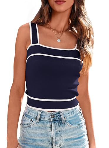 NALANISA Women's Trendy Summer Square Neck Crop Tank Tops 2026 Casual Color Block Knit Sleeveless Slim Fit Y2k Cami Shirts (Navy,L)