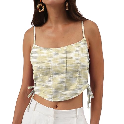 Amazhiyu Womens Pure Linen Crop Corset Top Summer Casual Floral Lace Up Bustier Yellow Dots, Medium