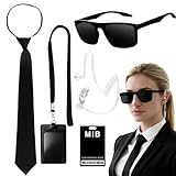 KUWUNG Men in Black Kostüm Zubehör, Agent Kostüm Zubehör mit schwarzer Sonnenbrille Zip Krawatte Hörer ID Karte und Kartenhalter, agenten kostüm für Dress Up Role Play Erwachsene Halloween Cosplay