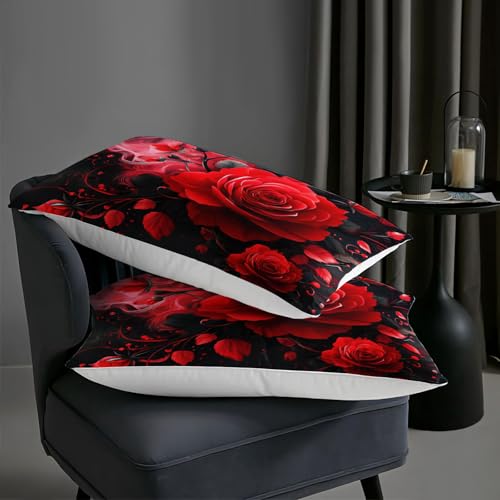 Image of AILONEN Red Rose Comforter Set Twin Size,Red & Black Bedding Set 3Pcs,Luxury Flower Bedroom Decor for Couples Women,Romantic Floral Quilt with 2 Pillowcases