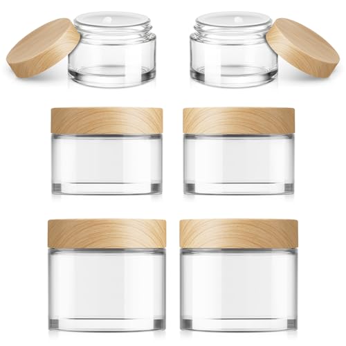 Bumobum 6-Pcs Glass Cosmetic Jars with Plastic Wood-Grain Lids – Refillable Travel Jars for Creams, Lotions, Skincare & DIY (15ml/30ml/50ml)