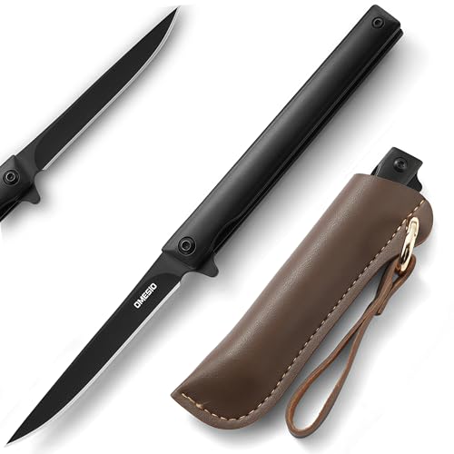 Omesio Couteau Pliant Slim Noir – Couteau de Poche EDC Léger Compact, Lame Aiguisée en Acier Inoxydable 8.5 cm, avec Étui en Cuir, Idéal pour Usage Quotidien
