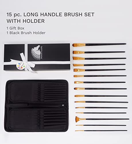 Myartscape Paint Brushes - 15 Pc Brush Set For Watercolor, Acrylic, Oil & Face Painting | Long Handle Artist Paintbrushes With Travel Holder (Black) With Gifting Box | Premium Art Supplies #TOP6