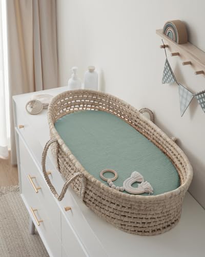 Image of Blissful Diary Muslin Bassinet Sheets, 2 Pack, Sage Checkboard & Sage Green | fitted for bassinet mattress, soft and breathable cotton, boho style, easy care for machine wash, gift for boy and girl