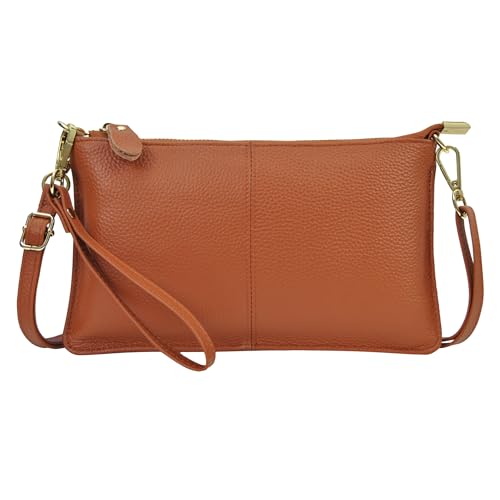 NGIL Women Genuine Leather Crossbody Wristlet, Women's Handbag, Chic Shoulder Bag Small Wristlet Wallet, Golden Accent Zipper, Light Brown, Medium