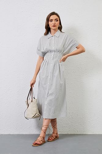 Image of Women Striped Button Down Shirt Maxi Dresses Summer Pleated Short Sleeve Collar Casual Corset Long Dress