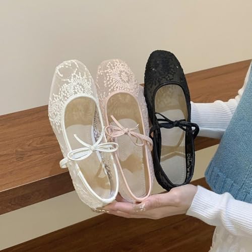 Lace Ballet Flats for Women, Ballet Flats with Strap, Pink Elegant Square Mesh for Girls, Comfortable Party4
