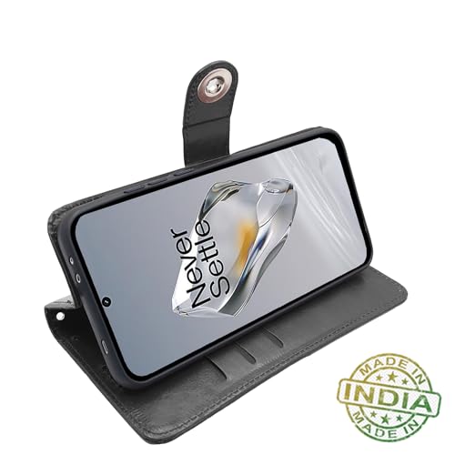 Image of Pikkme OnePlus 12 5G Flip Cover Leather Finish | Inside TPU with Card Pockets | Wallet Stand and Shock Proof | Complete Protection Button Flip Case (Black)