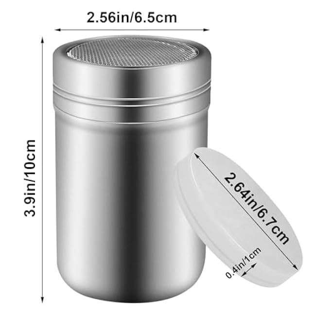 Powdered Sugar Shaker Duster Stainless Steel Powdered Sugar Fine Mesh Shaker with Lid for Cinnamon Flour Salt Pepper Powdered Sugar baking soda Cocoa Cornstarch Coffee Flour