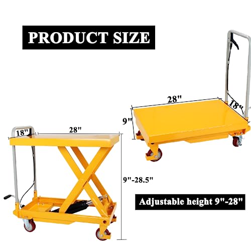 Hydraulic Lift Cart, 9" to 28.5" Lifting Height 500lbs Capacity Lift Table Cart with Foldable Handle and 4 Wheels, Manual Scissor Lift Table Fits for Material Handling and Elevating