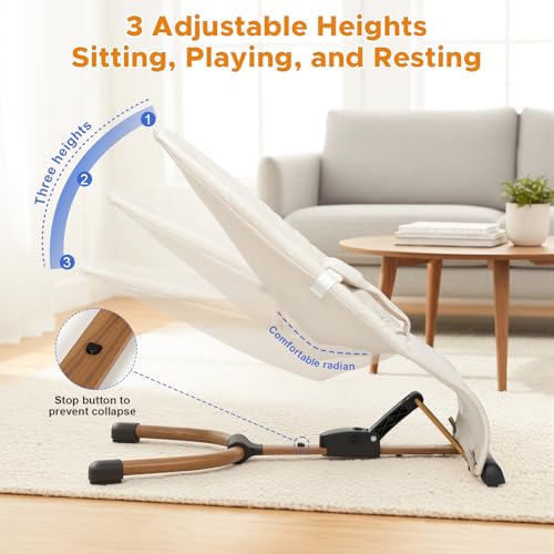 Portable Baby Bouncer, Bouncer Seat for Babies 0-12 Months, 3 Recline Positions, Foldable Baby Rocker Chair with Removable Wooden Bar, Beige