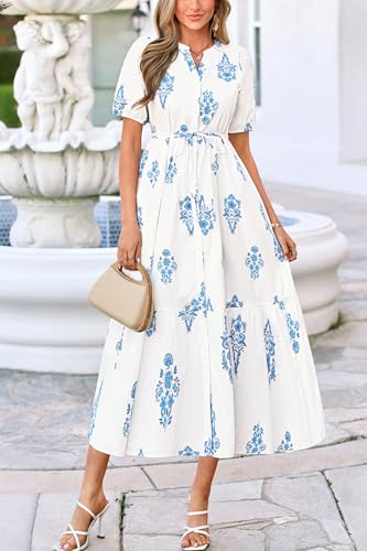 Okiwam Summer Dresses for Women 2026 Casual V Neck Short Sleeve Boho Floral Midi Dress Button Down Beach Vacation Sundress-L Blue Flower — view 2