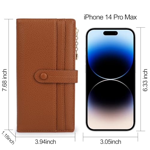 Thin Wallet for Women,PU Leather Bifold Credit Card Wallet,Compact Wallet with Large Clutch with Coin Purse,Smooth Zipper(Brown, Long)3