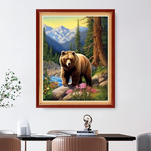 Image of Foxdiviy Stamped Cross Stitch Kit - 11CT Pre-Printed Embroidery Patterns - Forest Brown Bear - 16x20 inch - All Ages - Unisex - Art Deco - Animal Theme - Non-Foldable