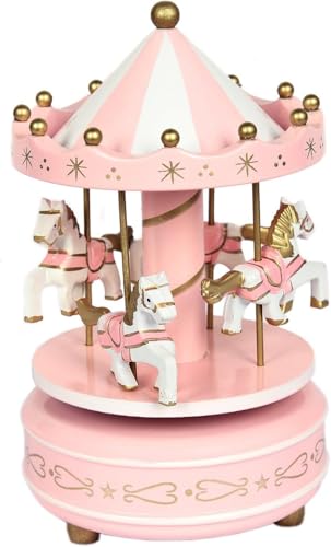 Schoolsupplies New Pink Wooden Merry Go Round Carousel Classic Music Box Kids Girls Gift Toy