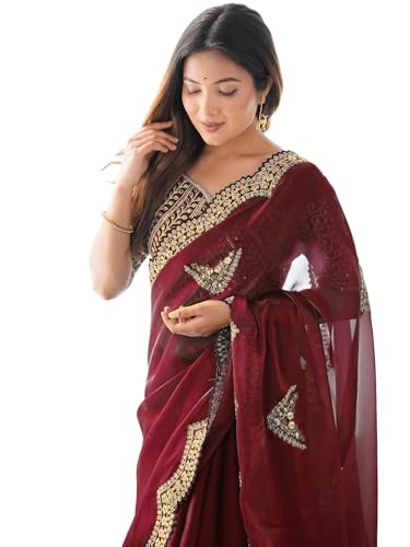 Image of Satrani Women's Tissue Silk Sequin Embroidery Scalloped Border Saree with Unstitched Blouse Piece