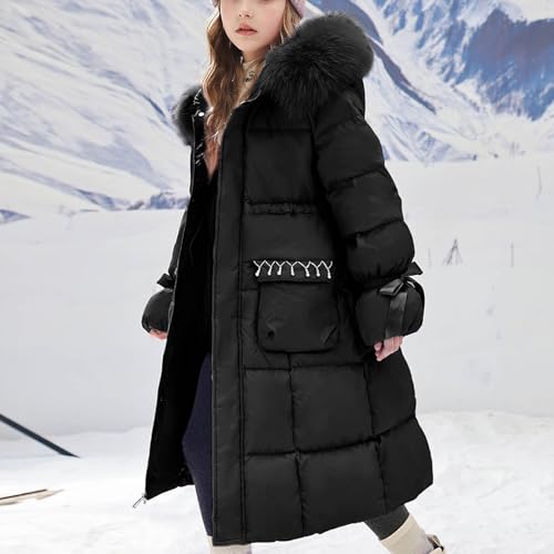 Long Puffer Jacket for Girls Zip Up Faux Fur Hood Quilted Parka Coat Warmth Soft Comfortable Pockets Winter Outerwear2