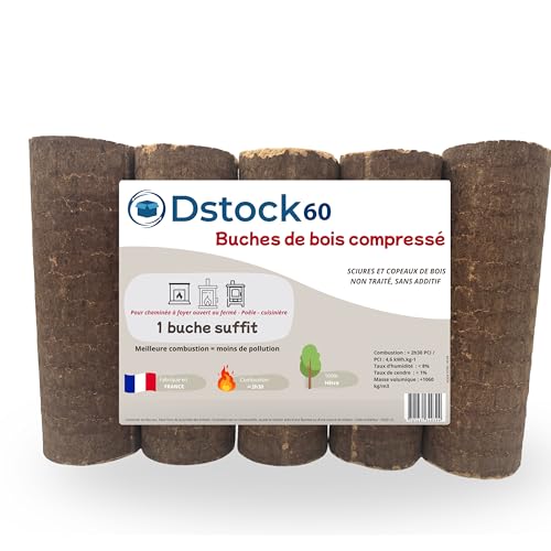 DSTOCK60-5 Bûches de Bois de hêtre compressé – Lot de 5 bûchettes de 28cm (10 kg) – 100% sciure française Non traitée – Longue Combustion 2h30 –...