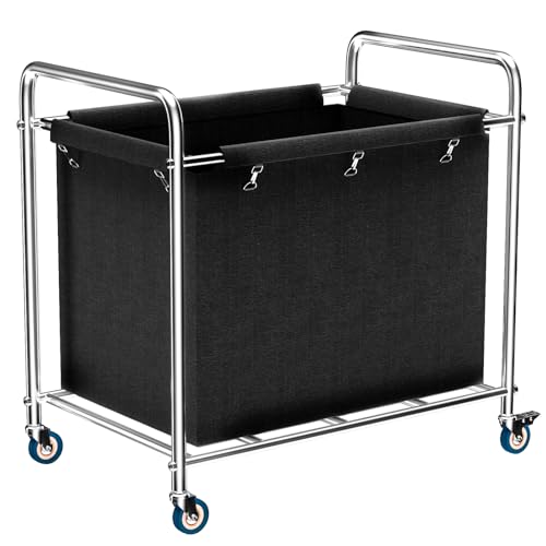 Large Commercial Laundry Cart with Wheels, 400L Heavy Duty Rolling Hamper Sorter for Home & Hotel, Waterproof Oxford, Sturdy Steel Frame, Easy to Install(Black)