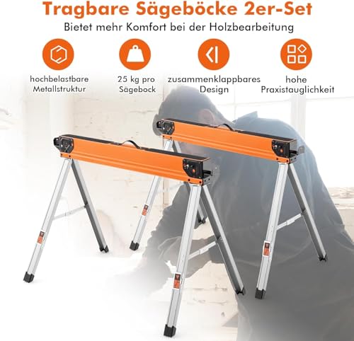 FANTASK 2er-Set Sägeböcke Klappbar, Tragbare Arbeitsböcke, robuste Metall-Sägehilfen Gerüstbock für Holzbearbeitung, Sägebock mit Griff bis 500 kg belastbar