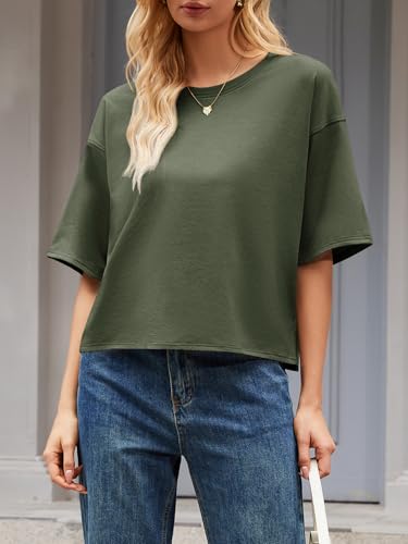 UNCLECAT Womens Oversized T Shirts Summer Short Sleeve Tops Basic Crewneck Causal Tee Army Green — view 4