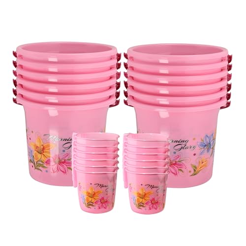 Image of Heart Home (Set of 24) Bathroom Bucket & Mug Set | Bathroom Combo Set for Bathroom, Hotels, Laundry (Each 12 Pieces) Bucket-18 L & Mug-500 ml Bathing Set | Bathroom Accessories Set | Pink
