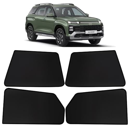 Image of OTO2EYE Car Sun Shade Compatible for Hyundai Alcazar Model 2021, Z-Black Fix Type Side Window Curtains, Only Half Cut in Front Window, 6 Pieces Set