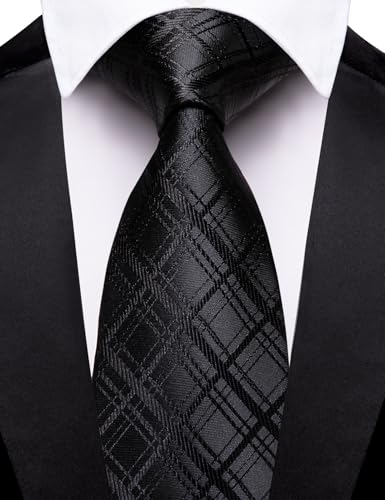 Image of Barry.Wang Plaid Ties Mens Silk Necktie and Tie Clip Checkered Tie for Wedding Party Business Formal