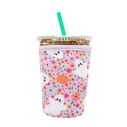 Image of Insulated Neoprene Cup Sleeve for Iced Coffee & Cold Soda - Reusable & Sweatproof, Keeps Drinks Cold Longer, Coffee Coolie for Hot & Iced Drinks (Halloween Ghost & Floral, Small: 16-18oz)