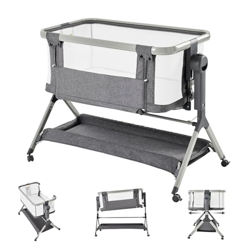 Image of LAUJIA 3 in 1 Bassinet Bedside with Wheels, Rocking Bassinet with Storage Basket, Adjustable Height Bassinet Bedside Sleeper, Portable Baby Bed for Infant Newborn