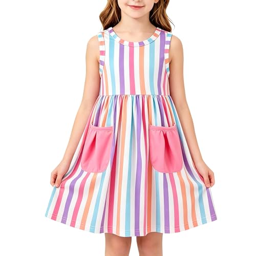 Image of RAISEVERN Girls Dress Stripe Party Dresses Summer Swing Cute Sundress Casual Crewneck Print Festival Sleeveless Colorful 6-7 Years